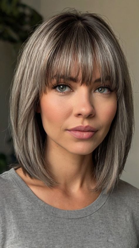 medium length gray hairstyles with bangs Fringe Hairstyles Medium, Lob With Fringe Bangs, Lob With Fringe, Gray Hairstyles With Bangs, Medium Length Hairdos, Bangs Medium Length, Grey Hair With Bangs, Grey Hairstyles, Gray Hairstyles