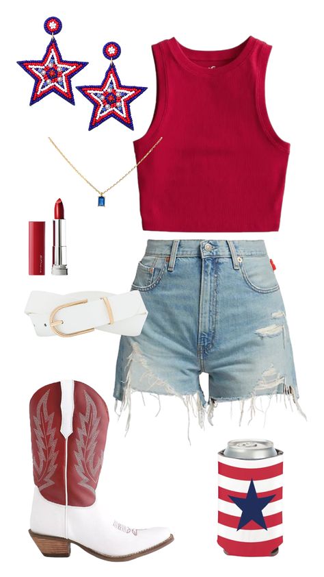 Fourth Of July Outfits With Boots, Usa Concert Outfits, 4th Of July Cowgirl Outfits, Usa Cowgirl Outfit, Country 4th Of July Outfits, Western 4th Of July Outfit, Beach Festival Outfit Summer, Ccmf Outfits, Concert Outfit Boots