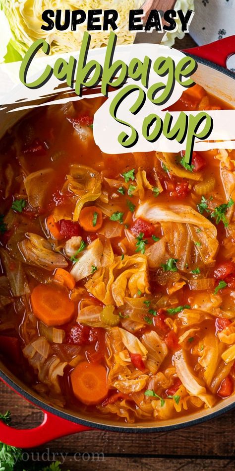 This quick and easy Cabbage Soup Recipe is filled with nutritious veggies including fresh cabbage, carrots and celery in a simple, yet flavorful broth. Cabbage Chickpea Soup, Cabbage Soup With Chicken Broth, Low Cal Cabbage Soup, Cooked Celery Recipes, Cabbage Soup Crockpot Easy, Bear Creek Soup Recipes, Cabbage Barley Soup, Family Soups, Bean And Cabbage Soup