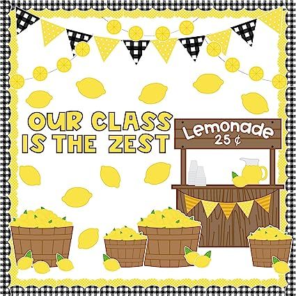 Lemonade Stand Bulletin Board, Lemonade Bulletin Board, Lemon Bulletin Board Ideas, Infant Bulletin Board, Beach Bulletin Boards, Lemon Room, Lemon Classroom, Cafeteria Decorations, School Cafeteria Decorations