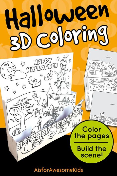 Halloween 3D Coloring Scene for kids to colour and build a freestanding layered picture. Featurung a spooky haunted house, a flying Witch, a cat, bats, ghosts, snail, spider, skull and pumpkin to colour in. A great printable activity for Halloween. Color the 3 layers and then join together to complete the 3D freestanding artwork. Instruction page also provided. 3d Halloween Coloring Pages, 3d Coloring Pages, 3d Coloring, Halloween Arts, Halloween Science, Spider Crafts, Halloween 3d, Easy Halloween Crafts, Library Programs