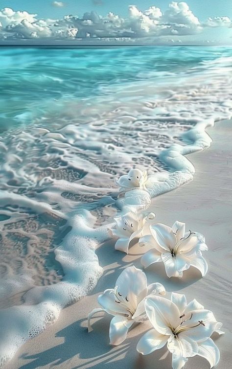 Prompt 👉Bouquet of white lilies lying on white sand washed by foamy turquoise surf wave, fantastic, photorealistic picture, tumblr, breathtaking beautiful white beach, detailed lily flowers, wonderful reflection of the sky, close-up!!!!!! Fantastic beautiful wallpaper on iPhone]r 👉 if Like, please Follow and Share AI Graphics Studio 👇Contact on WhatsAPP: http://tiny.cc/aigraphicsstudio #aigraphicsstudio #AI #DigitalMarketing #digitalartist #digitalart #digital #creativephotography #designin... Beautiful Water Wallpaper, Flowers In Water Wallpaper, Beauty Background Wallpaper, White Nature Wallpaper, Wallpaper Backgrounds White, White And Blue Wallpaper, Waves On Beach, Ocean Pics, White Flower Wallpaper