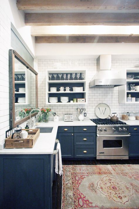 House Envy: A Rustic Manhattan Loft | lark & linen Kitchen Ikea, Kabinet Dapur, Classic Kitchen, Blue Cabinets, Kitchen Farmhouse, Modern Farmhouse Kitchens, Blue Kitchens, Cool Ideas, Home Trends