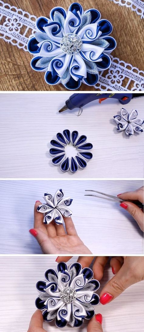 Kanzashi Flower DIY Tutorial - Design Peak Yarn Tutorials, Ribbon Flowers Diy, Kanzashi Tutorial, Ribbon Flower Tutorial, Diy Ribbon Flowers, Buat Pita, Idee Cricut, Fabric Flower Tutorial, Kanzashi Flowers