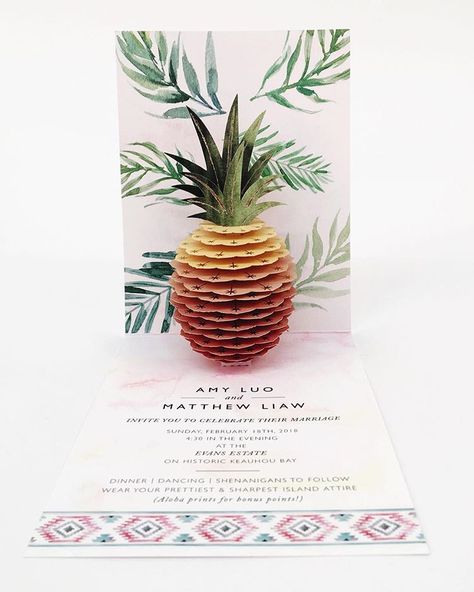 Pop-up rosé pineapple wedding invitation for a tropical destination wedding in Hawaii🍍 . . . . #popupcard #popup #handmade… Pineapple Wedding, Tropical Invitations, Tropical Destination Wedding, Destination Wedding Decor, Wedding In Hawaii, Hawaiian Theme, Tropical Destinations, Hawaiian Wedding, Everything Wedding