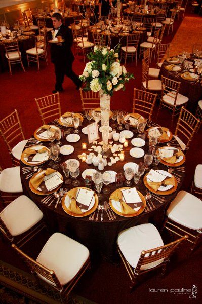 Fall Winter Brown Gold Ivory Centerpiece Centerpieces Chairs Indoor Reception Place Settings Reception Menu Cards Wedding Reception Photos & Pictures - WeddingWire.com Ivory Wedding Decorations, Ivory Wedding Centerpieces, Chocolate Brown Wedding, Menu Cards Wedding, Reception Place Settings, Gold Reception, Winter Gold, Gold Chargers, Indoor Reception