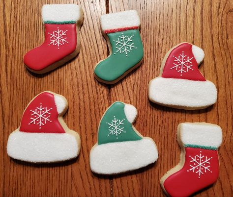 Santa Hat Sugar Cookies, Christmas Hat Cookies, Santa Hat Cookies, Stocking Cookies, Christmas Stocking Cookies, Royal Icing Christmas Cookies, Hipster Santa, Toy Sack, Cookie Boxes