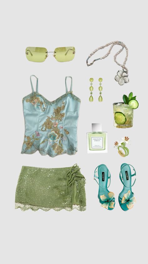 🍋‍🟩 #outfitinspo #vintage #chanel #sequins #summer #vacation #vibes #beauty #fit #fitinspo #outfits #rimless #sunglasses #goldjewelry #cucumbers #vacationstyle #vacationoutfit #vacationlook Turquoise Top Outfit, Cami Top Outfit, Green Sequin Skirt, Pearl Outfit, 90s Chanel, Butterfly Heels, Green Cami, Top Summer Outfits, Turquoise Lace