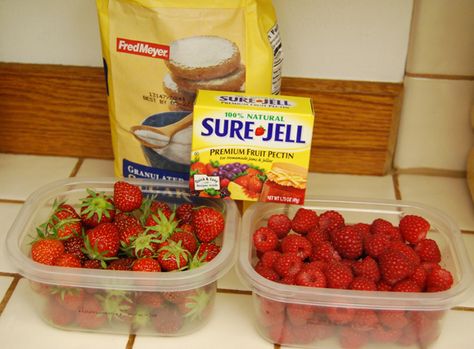 Raspberry Strawberry Jam Ingredients Raspberry Freezer Jam Recipe, Raspberry Freezer Jam, Strawberries And Raspberries, Strawberry Freezer Jam, Freezer Jam Recipes, Freezer Jam, Jam Recipe, Jams & Jellies, Jam Recipes