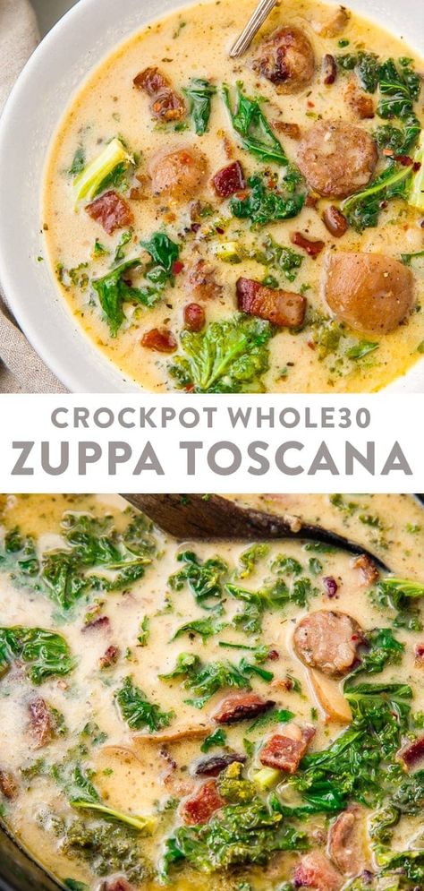 This Crockpot zuppa toscana is a rich and creamy, filling soup that's absolutely bursting with flavor. It's dairy free, Whole30, and paleo, too, with bacon, sausage, potatoes, kale, and rich coconut cream. The slow cooker version of my popular Healthy Zuppa Toscana recipe! #soup #whole30 #crockpot #slowcooker #healthysoup Crockpot Whole 30, Healthy Zuppa Toscana, Crockpot Zuppa Toscana, Whole 30 Crockpot Recipes, Whole 30 Soup, Toscana Recipe, Soup Beef, Toscana Soup, Vegetarian Crockpot Recipes