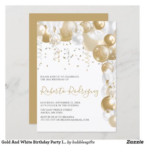 Gold And White Birthday Party, Gold Invitations Birthday, White Themed Birthday Party, White Balloons Party, White Birthday Party, Bubble Gift, Wedding Balloon Decorations, 21st Birthday Invitations, Gold Birthday Party