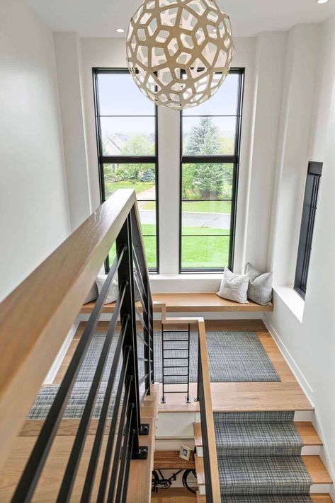 Dream Home Tour: A beautiful and inviting Tudor home in Minnesota Tudor Home, Stairs Window, Custom Railing, Stairs Design Modern, Built In Seating, Modern Stairs, Home Stairs Design, Modern Windows, Interior Stairs