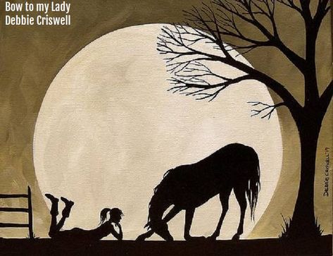 Silhouette Art Painting, Horse Girls Bedroom, Silhouette Horse, Horse Bow, Folk Art Paintings, Bow Tree, Black Folk Art, Horse Canvas Painting, Moon Silhouette