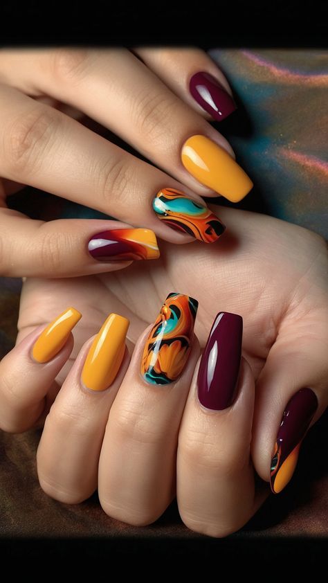 Get inspired this November with these fall-themed nail design ideas From cute fall acrylic colors to acrylic coffin nails for 2024 you'll find fresh new purple designs colors and simple ideas to try out Gel Nail Designs Autumn 2024, Fall Nails Bright, November Nails Coffin, November Nails Fall, November Nail, November Nail Designs, Acrylic Coffin Nails, Fall Acrylic, November Nails