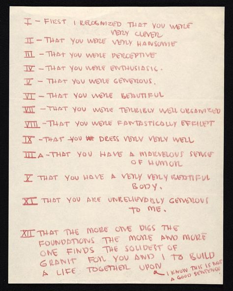 "What I like about you": A list of Aline Bernstein's good qualities, written by Eero Saarinen around the time of their marriage, c. 1954. Image via the Archives of American Art, Smithsonian Institution. #ceremonyis Ad Reinhardt, What I Like About You, Love List, Eero Saarinen, Romantic Gestures, Hopeless Romantic, Love And Marriage, Love Book, Love Letters