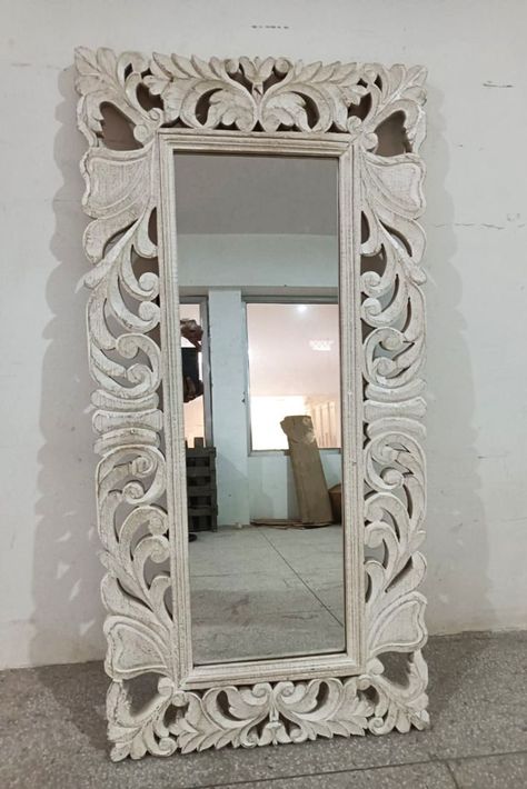 "Wooden Hand Carved Home Decor Mirror Frame Supplier" White Mirror Frame, Hand Carved Furniture, Shabby Chic White, Indian Furniture, Carved Furniture, Wood Carving Designs, Art And Crafts, White Mirror, White Shabby Chic