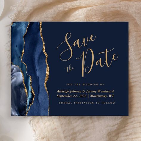 This elegant budget save the date card features a navy blue watercolor agate border trimmed with faux gold glitter. The customizable text combines gold-colored handwriting script, copperplate and italic fonts on a navy blue background. The reverse side features a matching navy blue and gold agate design. Blue And Gold Save The Date, Sapphire Blue And Gold Wedding, Navy Blue And Gold Sweet 16 Theme, Gold And Navy Blue Wedding, Royal Blue And Gold Wedding, Gold And Blue Wedding, Navy Blue Save The Date, Quince Invite, Blue Gold Wedding Invitation