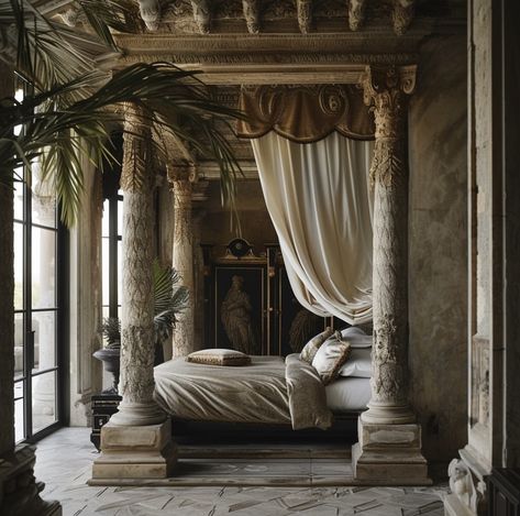 Ancient Bedroom Aesthetic, Ancient Rome Bedroom, Roman Style Bedroom, Roman Bedroom Theme, Ancient Roman Bedroom, Rivendell Bedroom, Fantasy Estate, Roman Bedroom, Roman Furniture