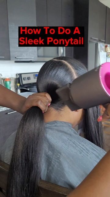 Hairstylist & Nail Tech -MD, DC, VA on Instagram: "🚩How To Do A Sleek Ponytail 🚩Follow To See The Next Steps. Watch Till The End❗️SAVE AND TRY FOR LATER. ✨️Separate the hair into 3 sections like shown. ✨️Start in the back, section into 2 parts. In the bottom section, like shown mold the hair with Murray's edgewax, Got2B glued spray and a blowdryer. Put your first rubber band around it. ✨️Bring The Top section down, use the same products to mold and dry the hair. Put another rubberband around