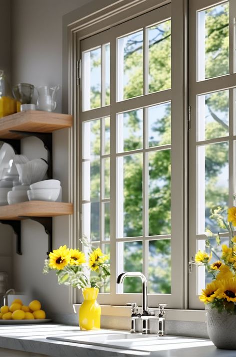 Kitchen Bright, Countryside View, Yellow Cabinets, Plant Kitchen, Themed Kitchen, Eclectic Kitchen, Yellow Kitchen, Sunflower Decor, Beautiful Kitchen