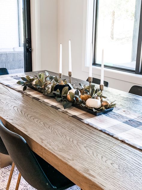 Long Tray Centerpiece Ideas, Table Decor With Tray, Tray Centerpiece Ideas, Black Pumpkins, Gold Candlesticks, Tray Centerpiece, Plaid Table Runner, Rustic Serving Trays, Gold Tray