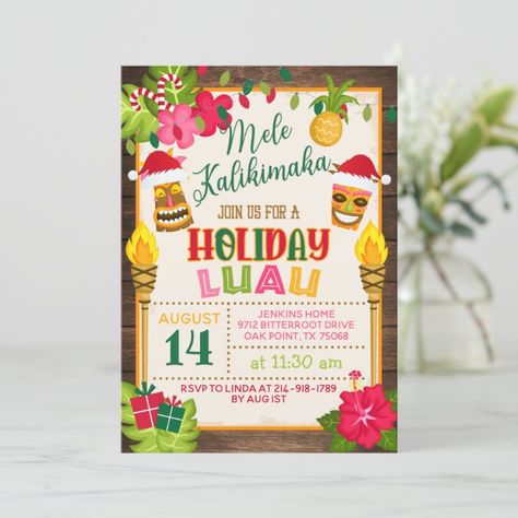 Christmas Luau, Luau Invitations, Hawaii Christmas, Work Christmas Party, Work Holiday Party, Retirement Party Decorations, Hawaiian Christmas, Beachy Christmas, Christmas Party Themes