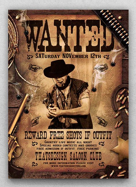 Wanted Western Party Flyer Template PSD Western Posters, Easy Halloween Party, Fun Halloween Food, Easy Halloween Food, Party Flyer Template, Western Party, Wanted Poster, Wilde Westen, Western Parties