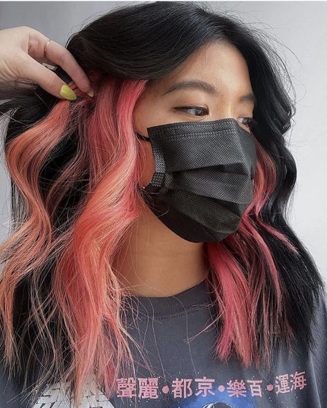 Undercolor Hair Ideas For Black Hair, Under Hair Dye Purple, Dark Brown Hair With Pink Underneath, Undercolor Hair Ideas, Black Hair With Color, Black And Colored Hair, Under Color Hair, Black Hair With Pink Highlights, Undercolor Hair