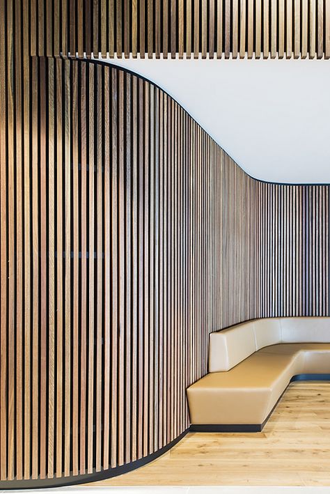 Gallery of Timber Cladding – Click-on Battens - 2 Apartment Entrance Lobby, Apartment Entrance, Interior Cladding, Timber Battens, Timber Walls, Casa Country, Curved Walls, Lobby Design, Timber Cladding