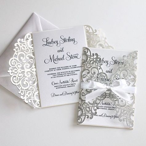 White and Silver laser cut Wedding Invitations.  #embellishedpaperie #weddinginvitations #lasercutweddinginvitations #glitterweddinginvitations #customstationery #custominvitations #weddingstationery #silverandwhitewedding #elegantweddinginvitations #handmade #etsywedding #etsy #etsyseller #etsyshop #blinginvitations #silverglitterinvitations #engaged #weddingplanning #2019bride #2020bride Playing Card Invitation, White Silver Wedding, Wedding Invitation Elegant, Quince Invitations, Silver Invitation, Silver Wedding Invitations, Invitation Elegant, Glitter Invitations, White Wedding Invitations