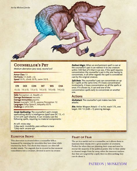 The Counsellor - A Mind Controlling Monster for DnD 5e. Dnd Mind Control, Dnd Aberrations, Aberrations Dnd 5e, Mind Control, Dnd Low Level Monster, Dnd Space Monster, D&d 5e Monsters, Dnd Undead Stat Block, Monster Stat Blocks 5e