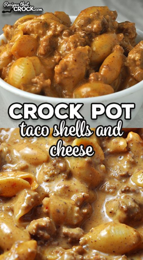 Easy Crock Pot Pasta Dishes, Taco Shells Pasta, Crockpot Pasta Recipes Ground Beef, Taco Shells And Cheese, Crock Pot Party Food, Simple Crock Pot Meals, Shells And Cheese Recipe, Shells And Cheese, Eating At Home