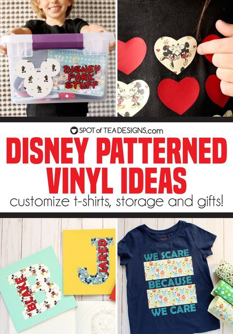 See how to use Cricut's Disney patterned vinyl and iron-on to create themed t-shirts, personalized gifts and decorative storage. Patterned Vinyl Projects, Patterned Vinyl Ideas, Disney Diy Shirts Cricut, Easy Diy Disney Shirts, Homemade Disney Shirts, How To Make Disney Shirts With Cricut, Disney Shirt Svg Upplop, Disney Princess Shirt Cricut, Vinyl Craft Projects