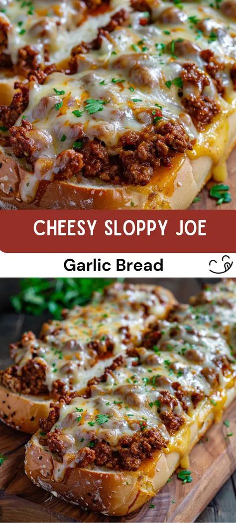 Cheesy Sloppy Joe Garlic Bread Cheesy Sloppy Joes, Best Sloppy Joe Recipe, Sloppy Joe Recipe Easy, Homemade Sloppy Joe Recipe, Sloppy Joe Casserole, Lemon Chicken Pasta, Lunch Appetizers, Sloppy Joes Recipe, Cheesy Garlic Bread