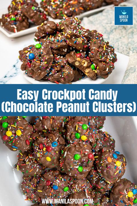 Easy Crockpot Candy (Chocolate Peanut Clusters) Crockpot Candy Peanut Clusters, Easy Crockpot Candy, Oven Casserole Recipes, Peanut Clusters In Crockpot, Crockpot Candy Recipes, Chocolate Peanut Clusters, Candy Fudge, Crockpot Candy, White Almond Bark