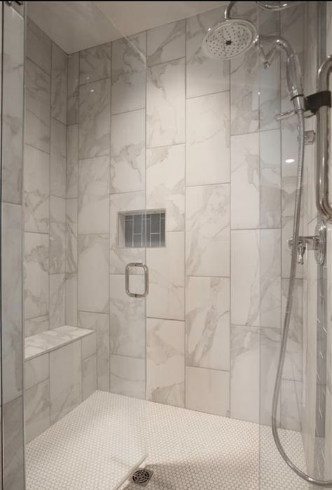 Shower Stacked Tile, Marble Shower Tile With Accent, Large Tile Corner Shower Ideas, Stacked Marble Shower Tile, Large White Tile Shower Ideas, Carrara Marble Shower Tile, White Subway Tile Shower With Accent Carrara Marble, 12x24 Carrara Shower Wall Tile, Marble Shower Walls