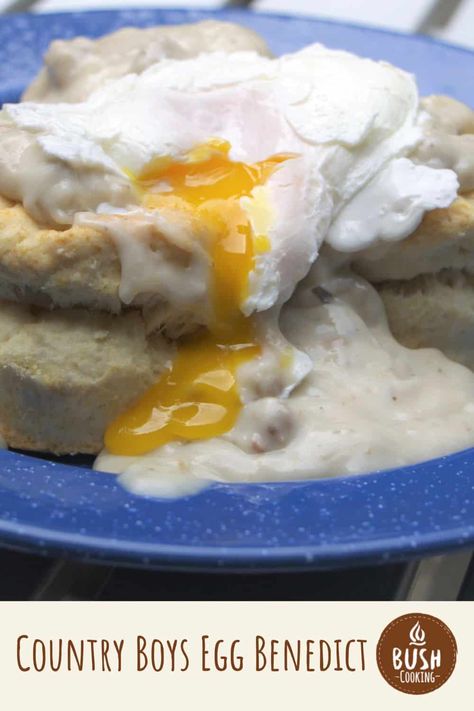 Country boys benedict is a combination of biscuits and gravy and eggs Benedict. The traditional meal of biscuits and gravy is topped with a poached egg. #bushcooking #biscuitsandgravy #benedict Country Eggs Benedict, Eggs In Bread, Egg Gravy, Pork Breakfast Sausage, Eggs Benedict Recipe, Sausage Ingredients, Egg Benedict, Country Gravy, Over Easy Eggs