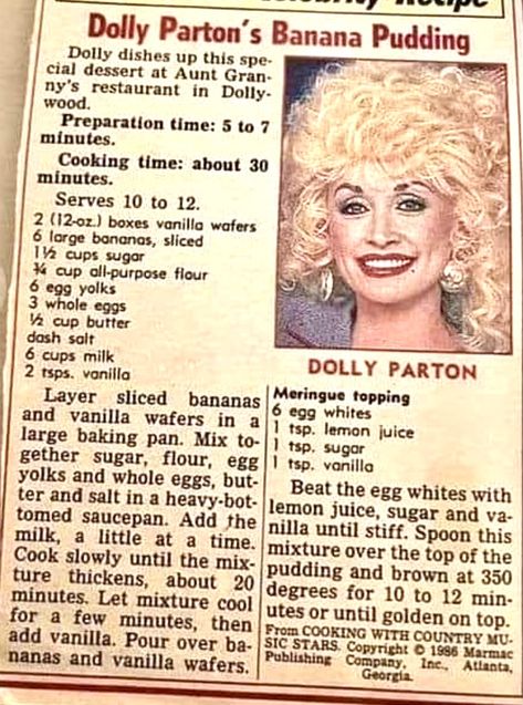 Dolly Parton Banana Pudding Cake, Dolly Parton Banana Cake Mix Recipes, Dolly Parton Banana Pudding, Dollywood Recipes, Homemade Vanilla Wafers Recipe, Southern Banana Pudding Recipe, Best Banana Pudding Recipe, Dolly Parton Recipes, Dolly Pardon