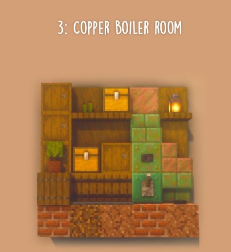 Boiler Room Design for Minecraft-Steampunk/Copper Minecraft Armory Room Design, Minecraft Builds With Copper, Minecraft Steampunk Castle, Minecraft Steampunk Interior, Minecraft Copper Ideas, Minecraft Factory Interior, Copper House Minecraft, Minecraft Copper House, Minecraft Copper