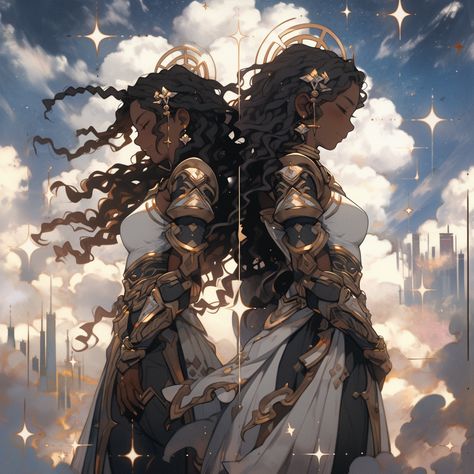 Clad in celestial armor, the Gemini Guardians command the sky, standing untamed upon a cloud, embodying the dual strength and adaptable spirit of the Twins' constellation. Twins Art Drawing, Twins Character Design, Gemini Twins Art, Celestial Armor, Twin Drawing, African Superhero, Anime Siblings, Royal Art, Dope Cartoon Art