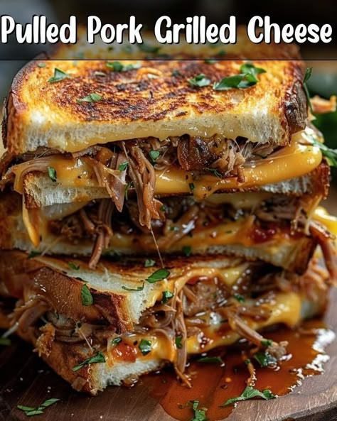 Kylie Recipes | Pulled Pork Grilled Cheese | Facebook Bbq Parfait Pulled Pork, Pulled Pork Bar Party, Pulled Pork Meals, Baseball Meals, Recipes Pulled Pork, Pulled Pork Grilled Cheese, Pork Grilled Cheese, Selling Plates, Pork Chop Sandwich