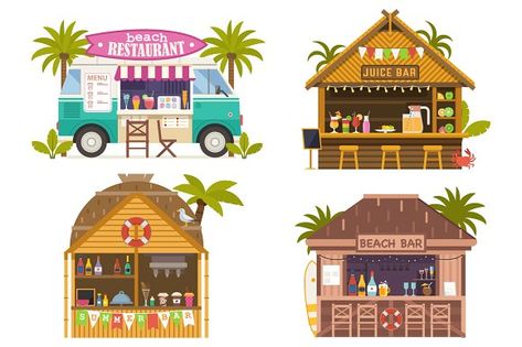 Summer Beach Bars and Restaurants by krugli on @creativemarket Beach Bar Illustration, Beach Juice, Kombucha Bar, Juice Bar Menu, Juice Bars, Refreshing Beverages, Mini City, Beach Illustration, Tiki Hut