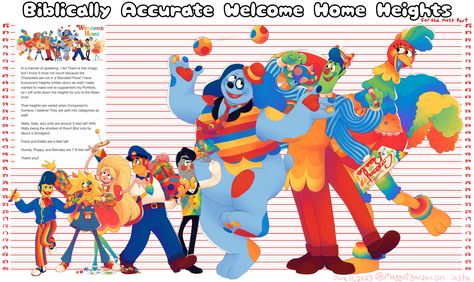 A height comparison chart of all the neighbors in Welcome Home Welcome Home Characters, Silly Puppets, Clown Illustration, Puppet Show, Psychological Horror, Dibujos Cute, Welcome Home, Horror Art, 그림 그리기