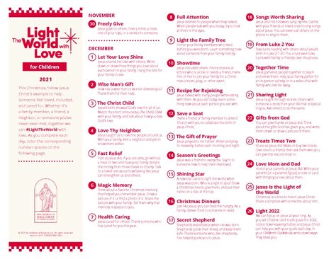 Here are the 2021 Light the World daily service calendars, including a new one just for kids - LDS Living Light The World 2023, Lds Advent Calendar Scriptures, Christmas Service Advent Calendar, Service Bingo Lds, Light The World Advent Calendar, Lds Light The World, Lds General Conference Quotes October 2022, Praying For Others, Christmas Concert