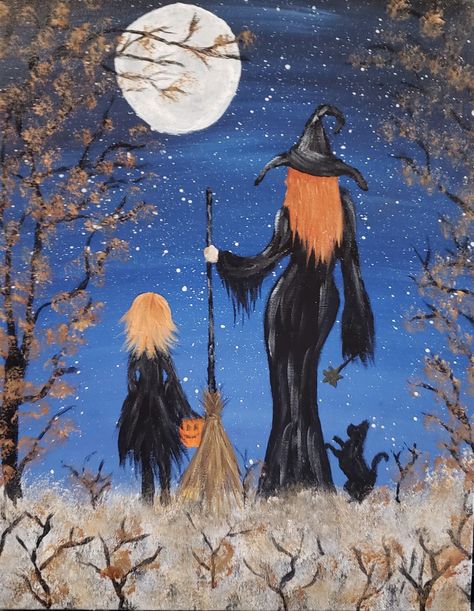 Witch Canvas Painting Diy, How To Paint A Witch, Halloween Witch Painting, Witchy Acrylic Painting, Halloween Acrylic Painting Ideas, Witches Painting, Witchy Painting Ideas, Witchy Painting, Disney Canvas Paintings