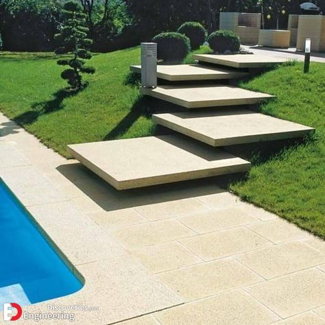 How To Build Floating Outdoor Steps Landscape Stairs, External Staircase, Flowering Tree, Garden Stairs, Tree Mural, Exterior Stairs, Concrete Stairs, Outdoor Steps, Floating Stairs