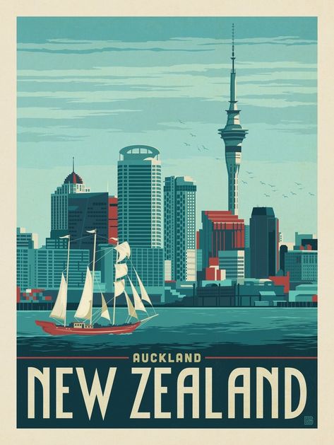 New Zealand Illustration, New Zealand Aesthetic, Auckland Travel, New Zealand Auckland, Anderson Design Group, New Zealand Art, Vintage Poster Design, Travel Postcard, Retro Travel Poster