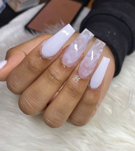 Soft White Long Nails, White Marble Nails With Rhinestones, Birthday Marble Nails, Marble Full Set Nails, Baddie Marble Nails, White Acrylic Nails Medium Length Design, Grey And White Marble Nails, Medium Marble Nails, White And Clear Marble Nails