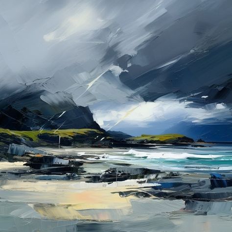 Seascape Pictures, Scottish Coast, Scottish Landscape Painting, Ocean Landscape Painting, Scottish Painting, Beach Art Painting, Seaside Art, Stormy Sky, Ocean Landscape