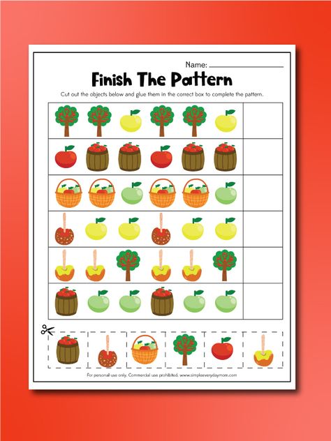 Preschool Apple Unit, Patterns Preschool, Slides For Kids, Activity For Preschool, Apple Preschool, Preschool Science Activities, Apple Unit, Apple Pattern, Pattern Worksheet